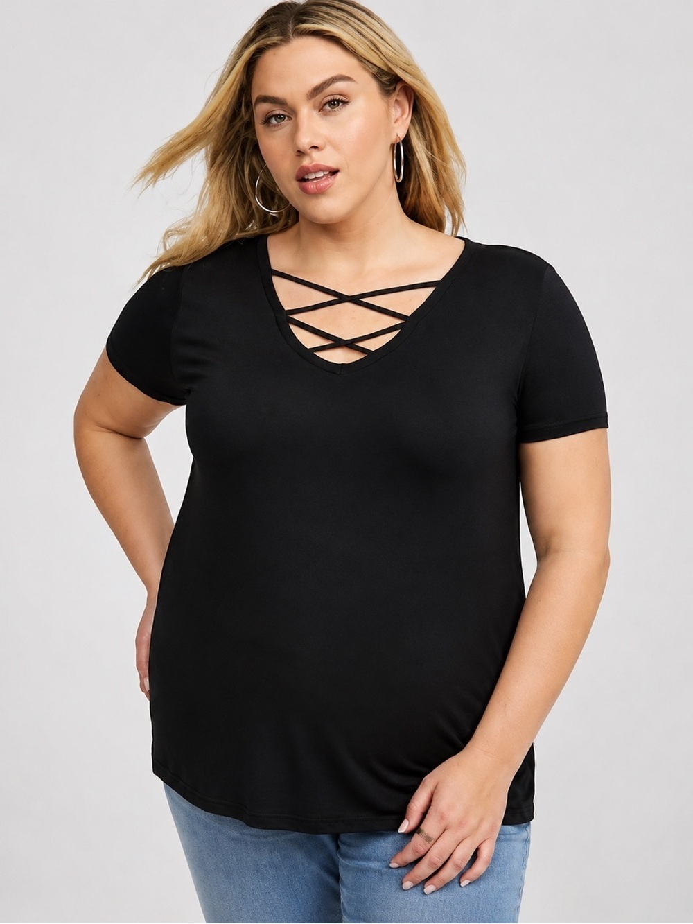 Torrid Black Criss Cross Front Top Plus Size Short Sleeve Stretch Tee 2 (2x)